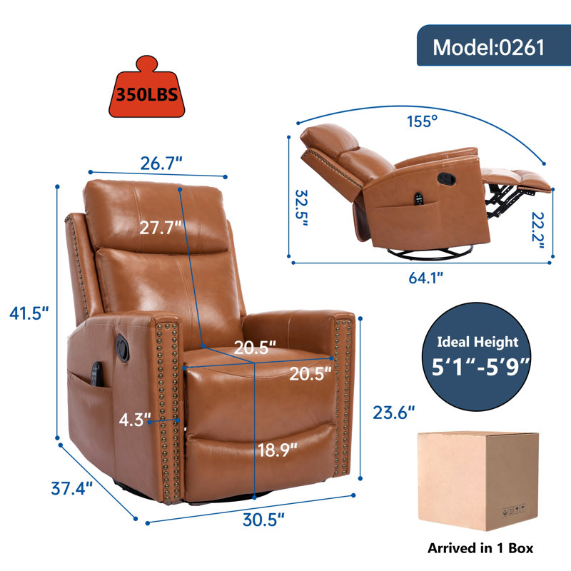 Genuine Leather Heat Massage Manual Recliner Chair With Rocker And Swivel For Living Room, Light Brown