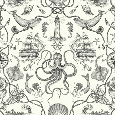 Deep Sea Toile 33' L x 20.5" W Spray and Stick Wallpaper Roll