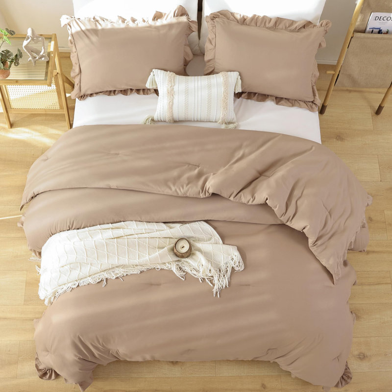 JANZAA Ruffle Comforter Set All Seasons Fluffy Vintage Farmhouse Comforter With Pillowcases, Taupe