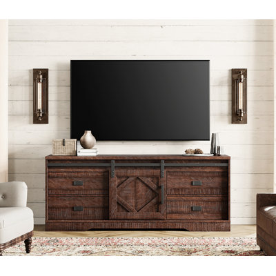 Modern Farmhouse TV Stand For 65" TV With Barn Door & Rub Through Distressing, Wood Entertainment Center With Drawers And Storage Cabinet For Living Room,Rustic Brown