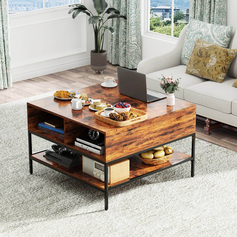 Dark Walnut And Black Metal Flip - Top Coffee Table, 80 Degree Open Top, 6.7 Inch Hidden Compartment, Three Shelves, Construction, Stain Surface Space, Construction