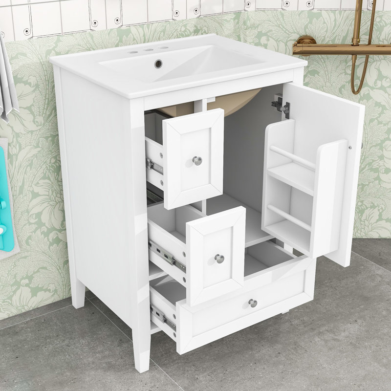 Meuble-lavabo 24 po avec lavabo, 3 tiroirs et porte à fermeture en douceur, White
