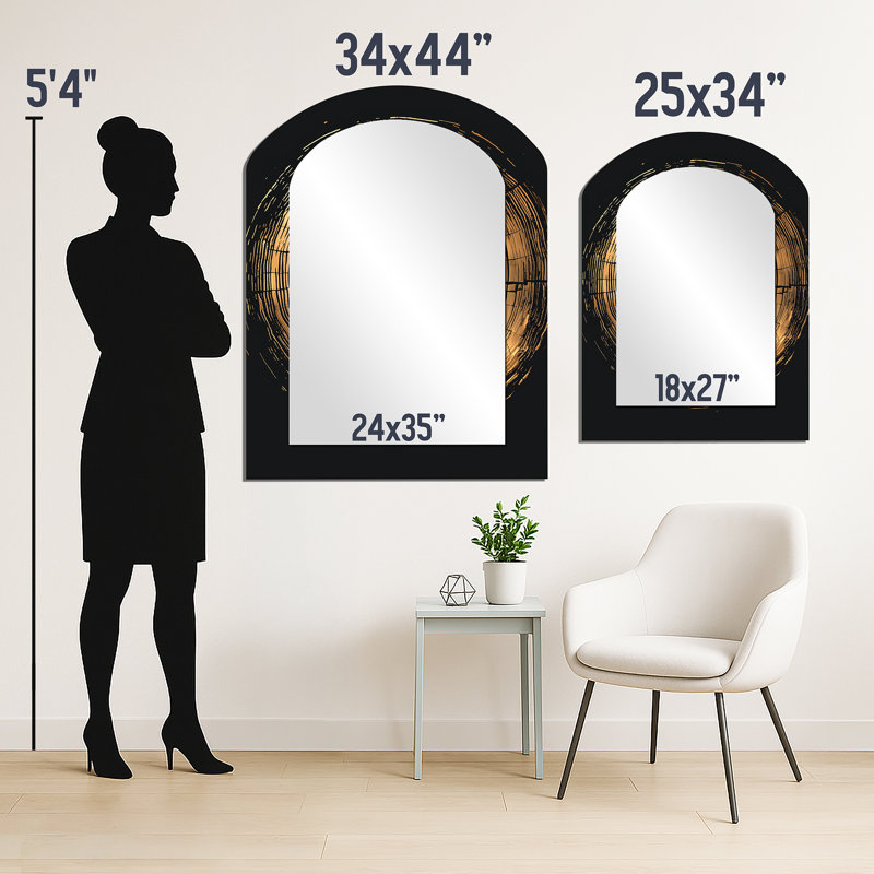 Abstrait noir et or de l'anneau d'arbre II - miroir décoratif asymétrique avec glissade en bois, 34 po x 25 po