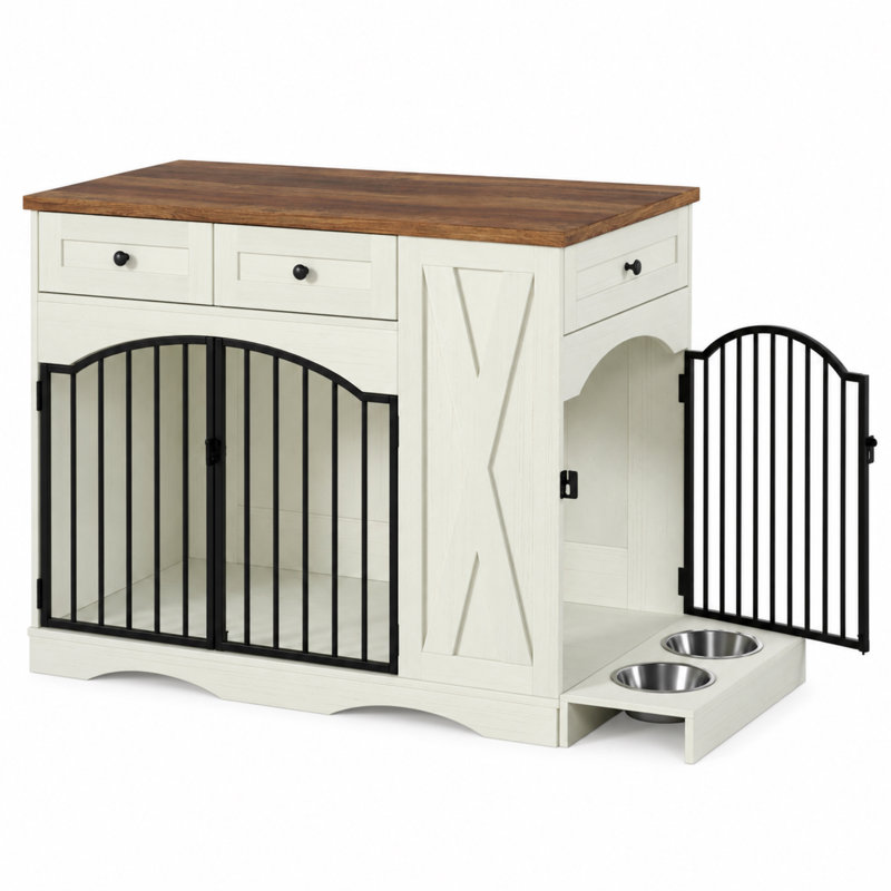 Meuble pour cage de 110 cm avec 3 tiroirs de rangement, portes avant et latérales et plateau repas double