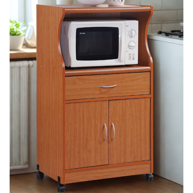 Rolling Kitchen Cart with  Microwave Shelf, Utensil Drawer, Interior Cabinet Storage Space and Locking Wheels, Cherry