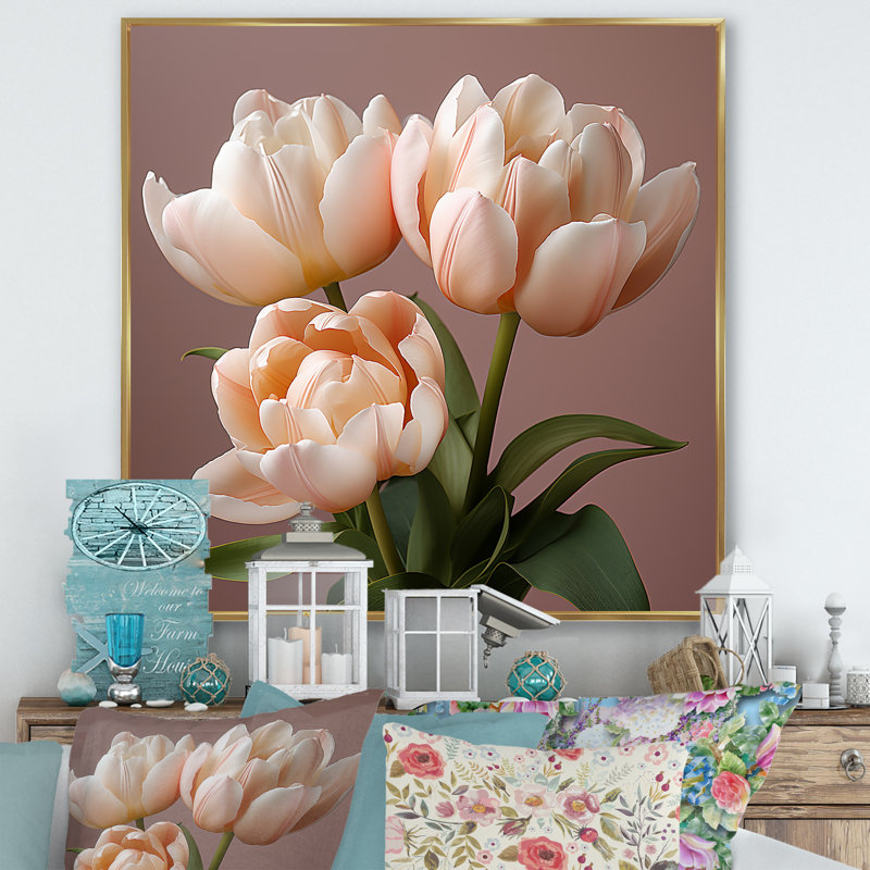 Tulipes douces aux tons neutres, tranquillité, H 36 po x l 36 po x P 1,5 po, Cadre flottant doré