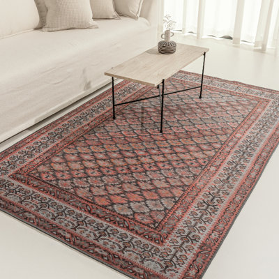 Tapis vintage Beauchamp, 5 pi x 8 pi | Style rétro, treillis inspiré de l'héritage, conception persane, palette terre cuite et gris anthracite, tissage plat dense