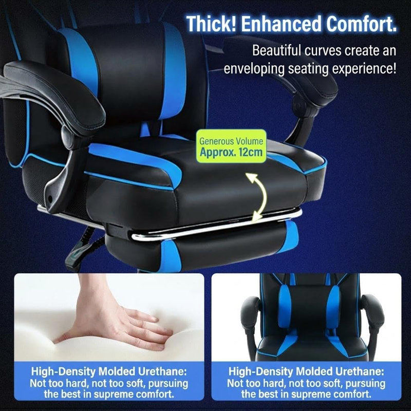 PU Leather Gaming Chair with Footrest and Lumbar Support - Reclining Computer Chair for Home Office & Study, Blue