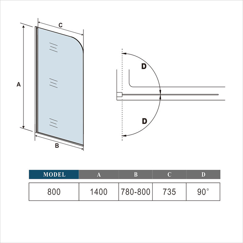 180 Pivot 800X1400mm Shower Bath Screen Panel,  800cm W, Black