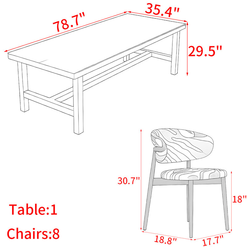 Nordic style ash all solid wood dining table set, 29.5"H x 78.7"L x 35.4"W