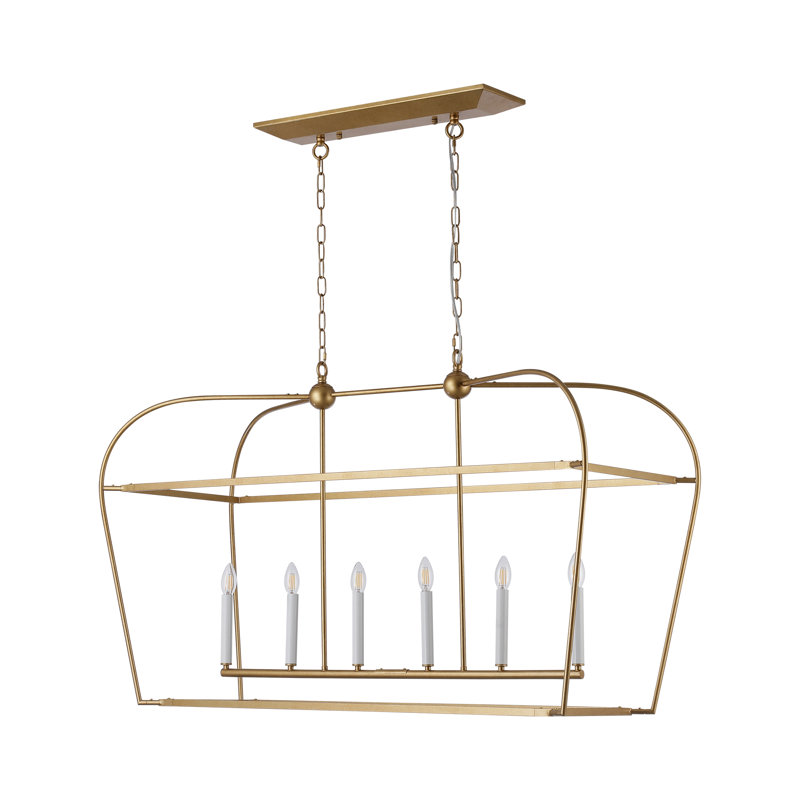 Jesli 6 - Light Farmhouse Large Linear Lantern Open Frame Chandelier, Polished Brass