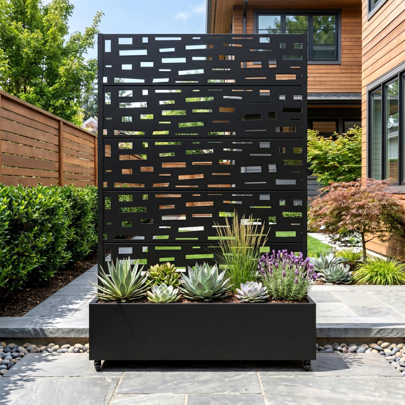 Metal Planter Box with Trellis with Wheels, 72" H x 47" W x 16" D, Black