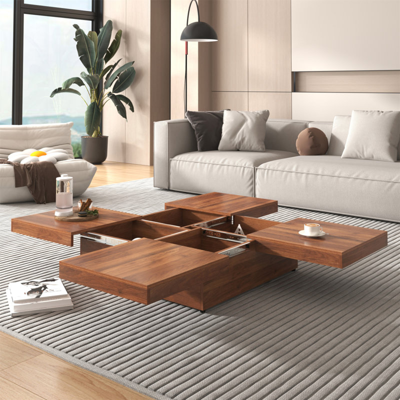 Table basse carrée en placage de marbre avec plateau coulissant et rangement