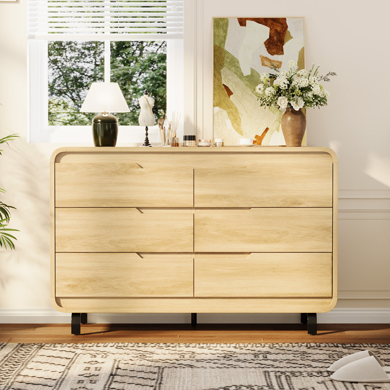 6-Drawer Dresser for Bedroom, Large Wood Storage Chest, Modern Handleless Cabinet for Living Room, Tan