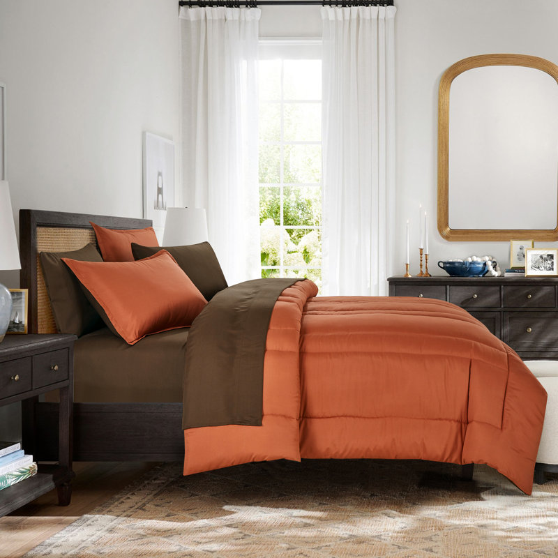 7 Pieces Bed In A Bag Reversible Comforter Set, King Comforter + 6 Additional Pieces, Spice