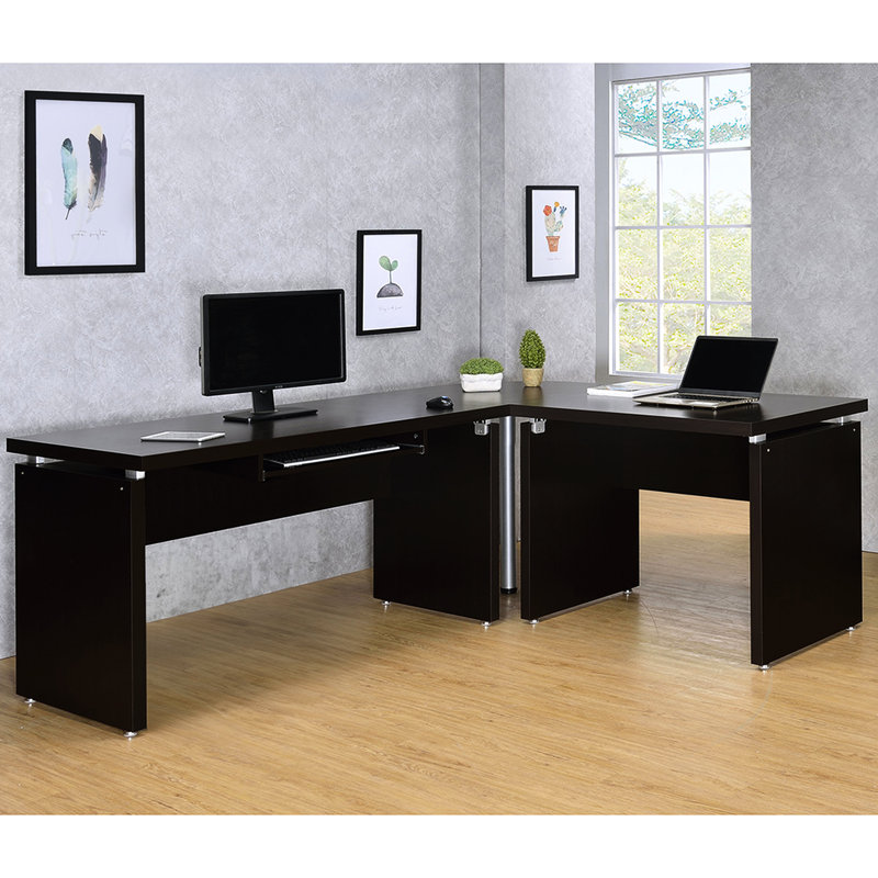 Bureau d'ordinateur en forme de L de 83 pouces avec support Cappuccino avec quincaillerie, tiroir et plateau à clavier coulissant