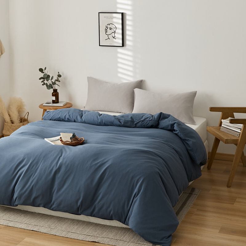 Luxury Soft 100% Cotton Duvet Cover Set, Queen Duvet Cover + 2 Standard Pillowcases, Dark Blue