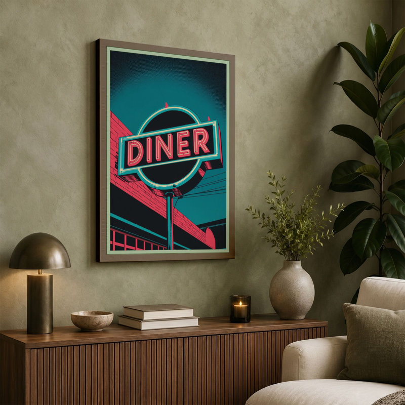 Neon Diner Sign Retro - Wrapped Canvas, 36x24 - 91.4 x 61.0 cm, Terracotta Border