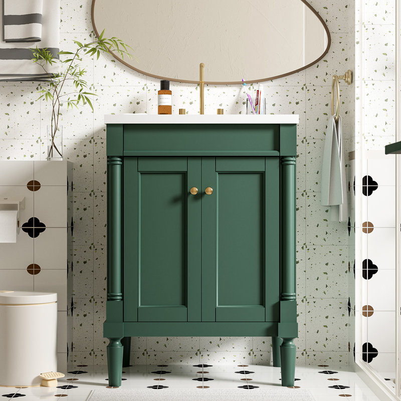 Meuble-lavabo moderne 24 po avec lavabo supérieur et armoire de rangement à 2 niveaux, Vert/doré