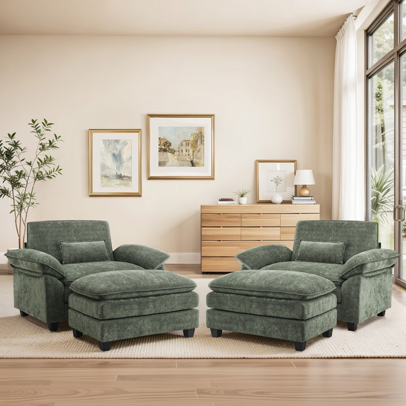 Upholstered Extra Wide Accent Chair With Rectangle Ottoman  (Set of 2), Grayish Green