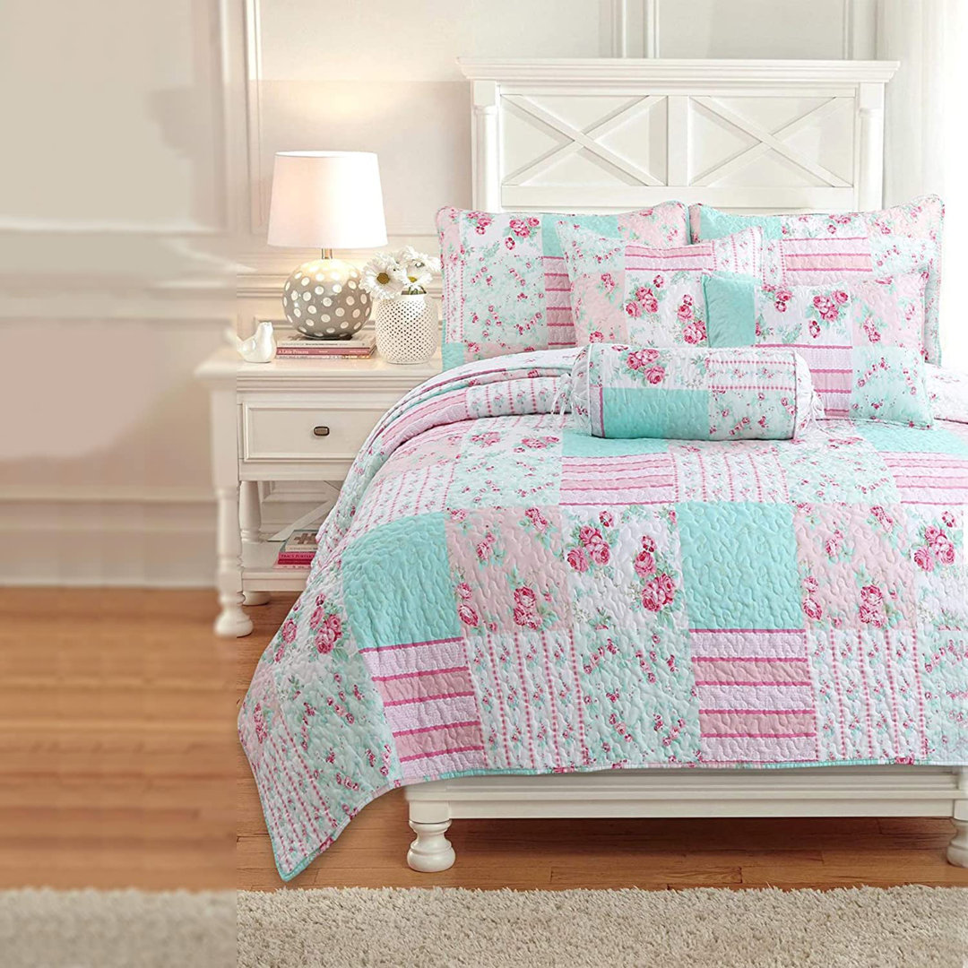 Tiffany Pink/Blue/Gray Microfiber Reversible Quilt Set Cozy Line Home Fashion 