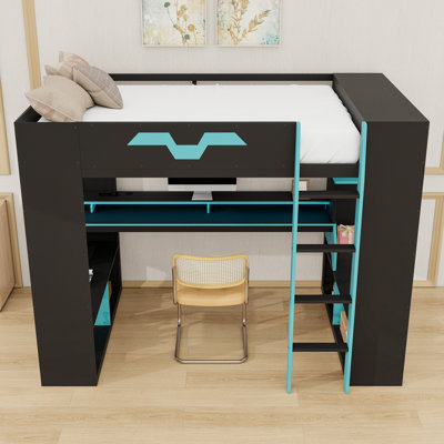 Loft Bed with RGB Lights, USB/Type-C Ports, Desk and Multi-Tier Storage