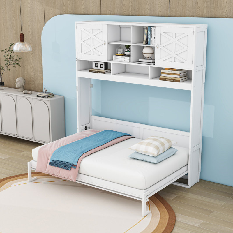 Grand lit escamotable en bois avec rangement et panneaux décoratifs