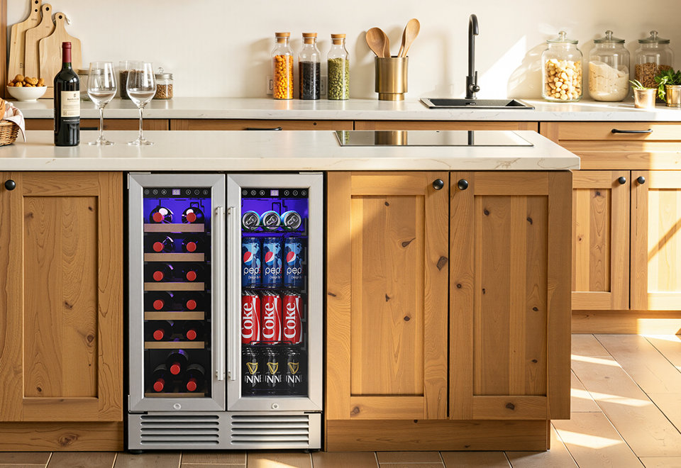 Dual zone under-counter beverage and wine refrigerator with stainless steel frame installed in a modern rustic kitchen island.