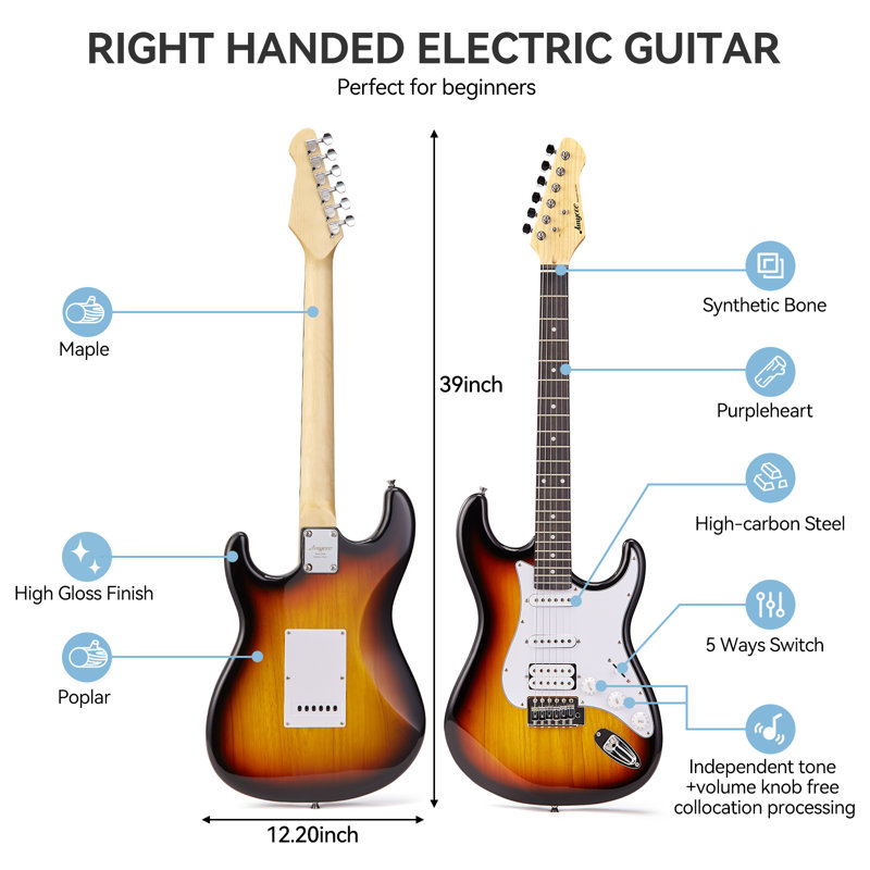 Ensemble de guitare électrique 39 po, 20 effecteurs simples et doubles, avec amplificateur, corde, accordeur, câble, médiators