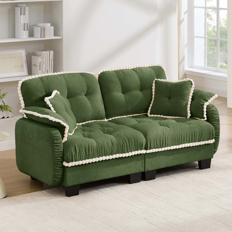Canapé deux places Chenille Cloud avec garniture à pompons et pouf assorti, Chenille verte