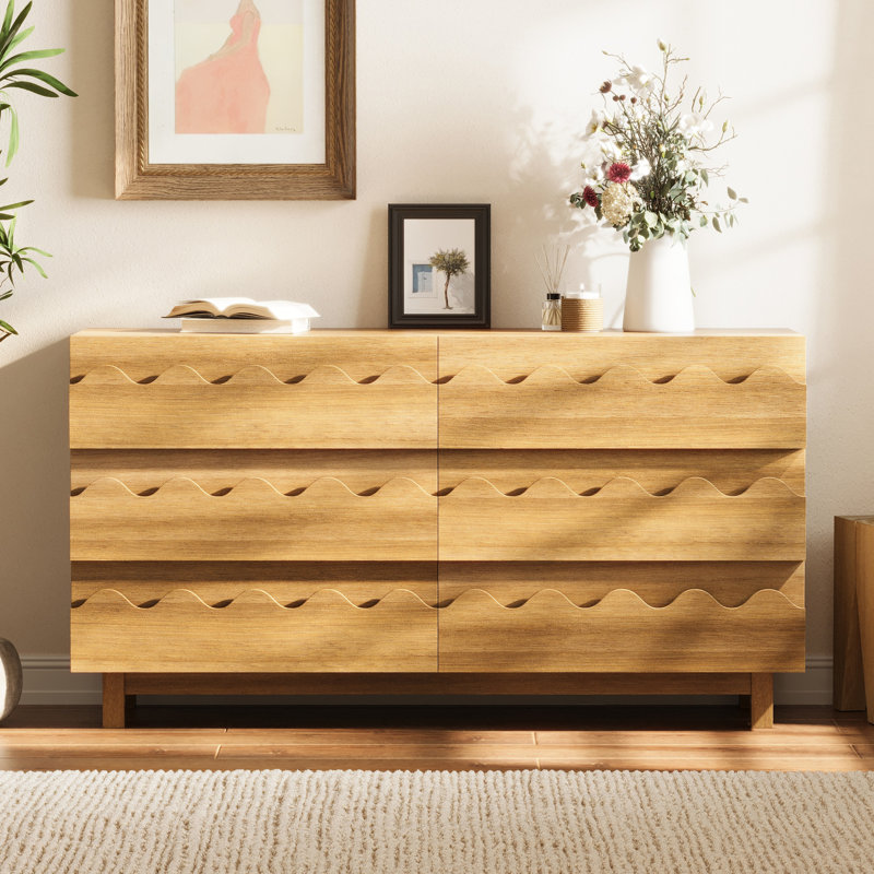 Commode moderne à 6 tiroirs avec devant ondulé, meuble télé et rangement en chêne naturel pour la chambre à coucher et le salon
