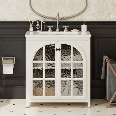Meuble-lavabo de 30 pouces avec lavabo en céramique, finition vieillie, armoire rustique rétro avec poignées en bronze et 2 portes à fermeture en douceur, blanc antique