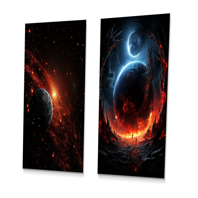 Ensemble de salon orange et noir Comets In Galaxy I - Planète comète, art mural en métal, H 28 po x l 24 po