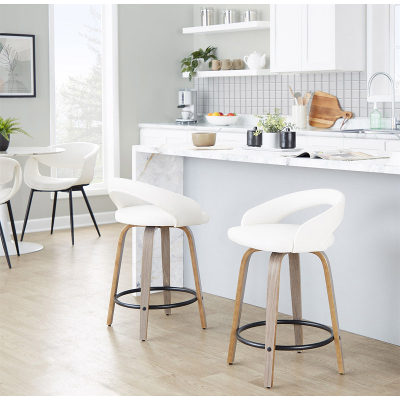 Tabouret de comptoir avec pivot en bois clair et similicuir avec repose-pieds rond en métal - ensemble de 2