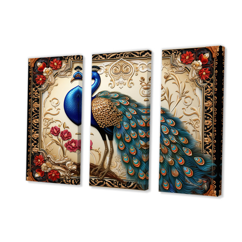 «Retro Illustration Of Glorious Blue Peacock on Canvas», reproduction de 3 pièces, H 28 po x l 36 po x P 1 po