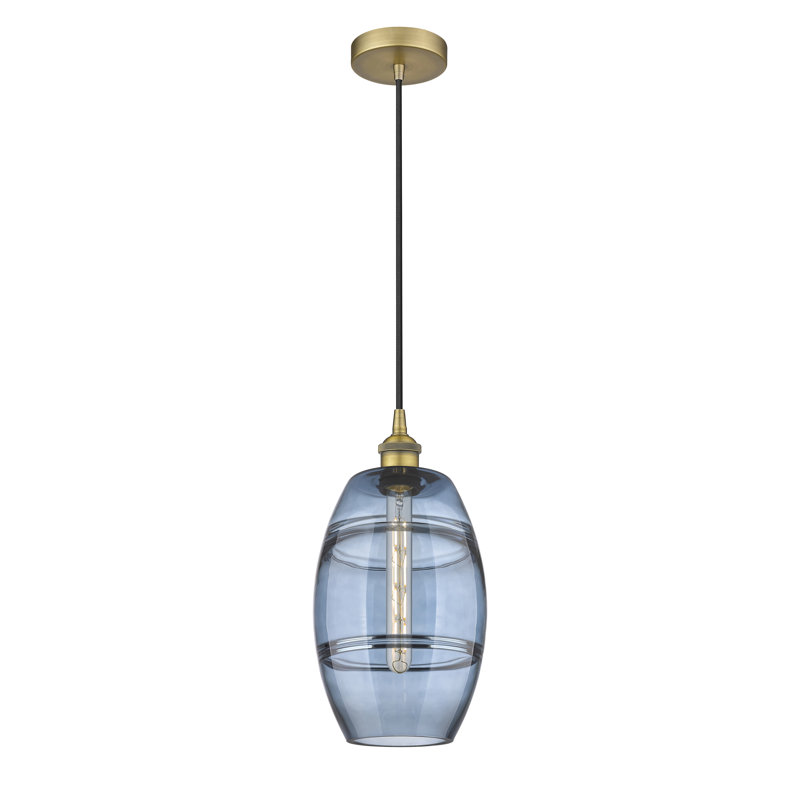 Mini-luminaire suspendu 1 lumière Edison Bettylou-616-G557, H 9,88 po x l 8 po x P 8 po, Bleu princesse, Laiton brossé