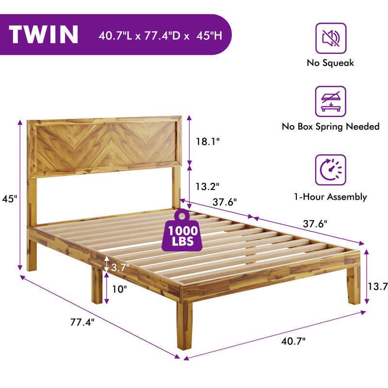 Scandinavian 45" Tall Twin Size Solid Wood Platform Bed Frame,Yellow Brown, Twin