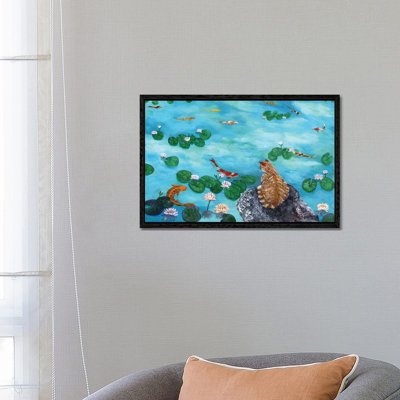 Orange Cat At Koi Pond by Laura Iverson - Painting on Canvas