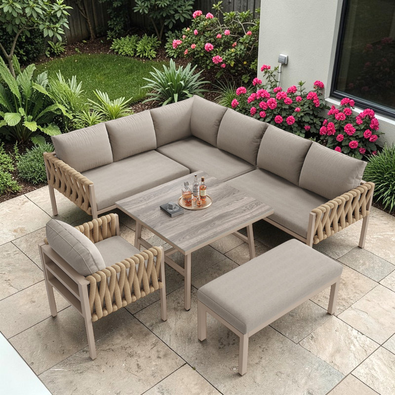 Rynley 238cm Wide L-Shaped Metal Patio Sectional Set, Beige Cushion/Khaki Frame
