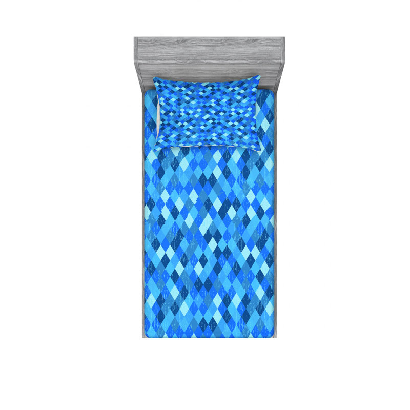 Microfiber Sheet Set, Twin XL Sheet Set with 1 Pillowcase, Blue Geometric