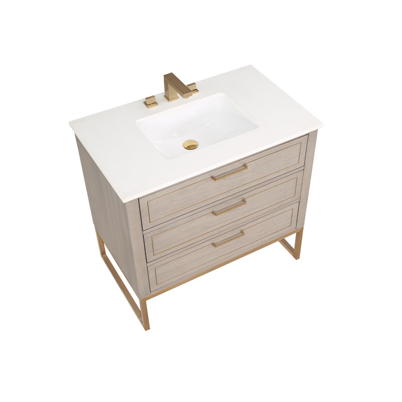 Markham 36'' W Single Vanity, Cashmere Gray, White Quartz, Satin Brass