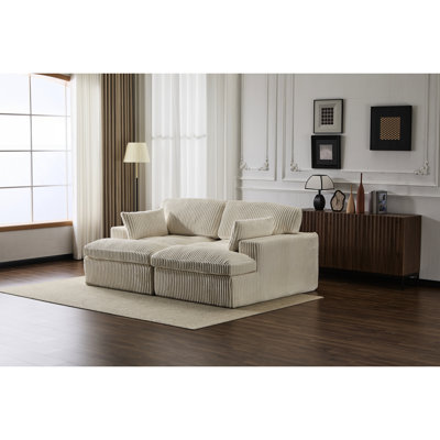 Oversized White Corduroy Double Chaise Love - Seat, Upholstered Sleeper Cloud Couch, Deep Seat Luxury Bed, Sectional Design, No Assembly, 2 Seats With Memory Foam Couch For Snuggling, Foam,