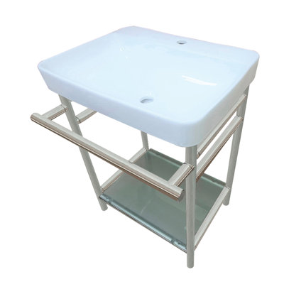 Lavabo console en céramique 23 pouces avec pieds en acier inoxydable et tablette en verre Kingston (Sheridan) Kingston