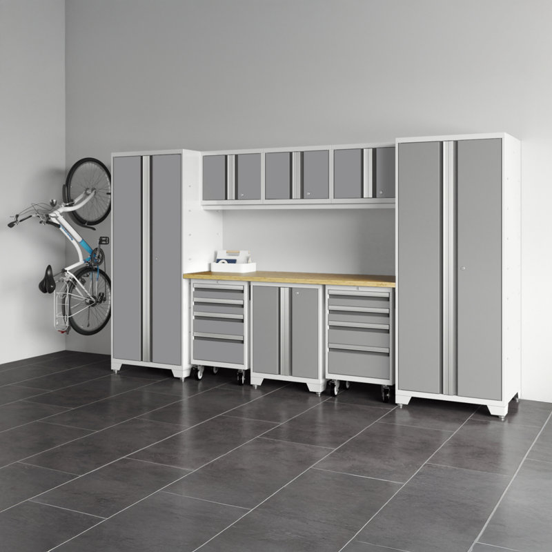Bold XL Series Gray 9 Piece Garage Cabinets Set With Tool, Base, Wall Cabinets, 30 In. Lockers, Gray With Bamboo Worktop