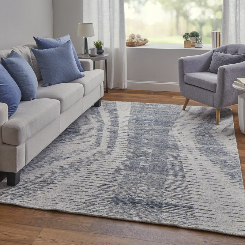 Tapis moderne abstrait ivoire / bleu / gris Brighton, Rectangulaire 3 pi x 5 pi