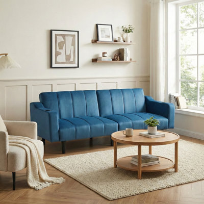 80 inch Modern Convertible Sleeper Sofa,Velvet Blue Sofa with Adjustable Backrest for Studio, Apartment, Office, Small Space, Compact Living Room