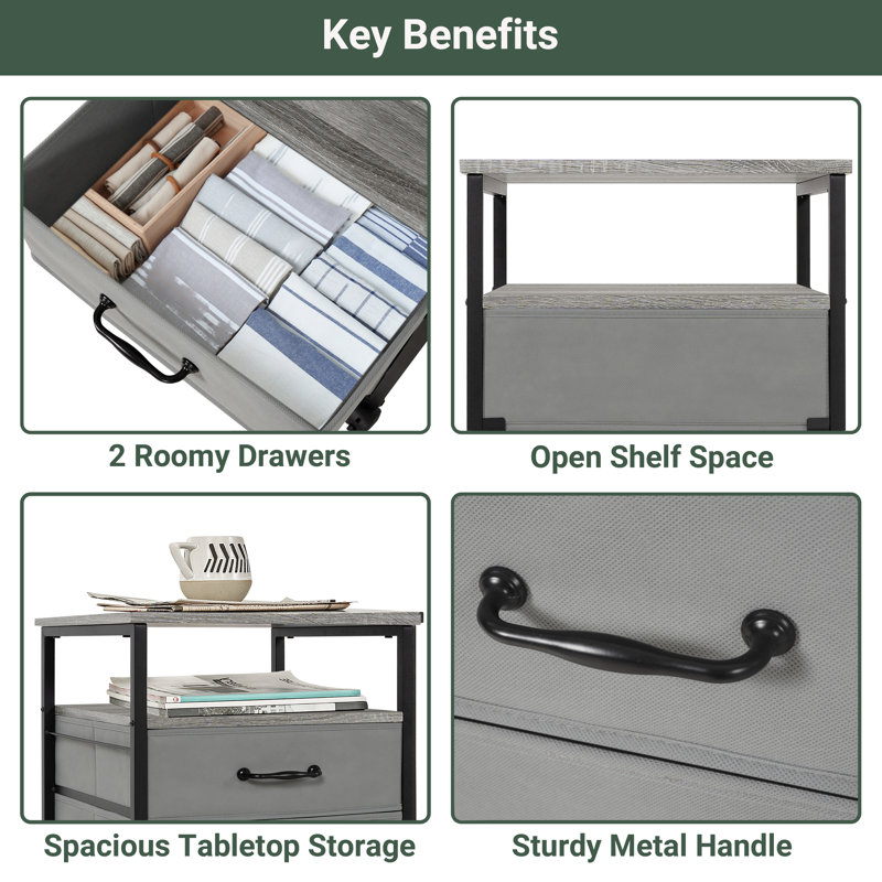 Armoire de rangement en tissu avec 2 tiroirs et tablette, classeur à roulettes, gris