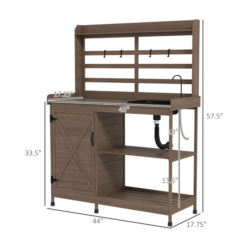 Banc de rempotage extérieur en bois avec évier et rangement, table de travail de jardin brun foncé