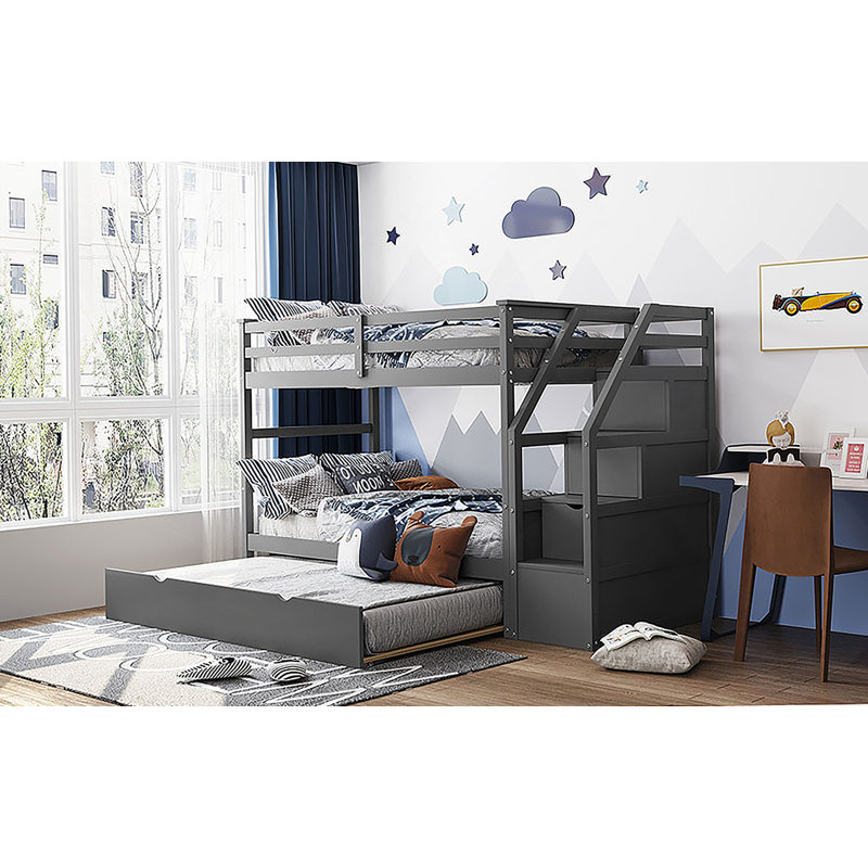 Lit superposé avec lit gigogne et rangement avec escalier SKU: LPAAE, Gris