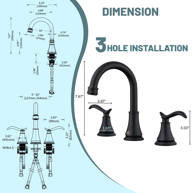 Robinet de salle de bain 8 po à 2 poignées avec drain, Noir mat